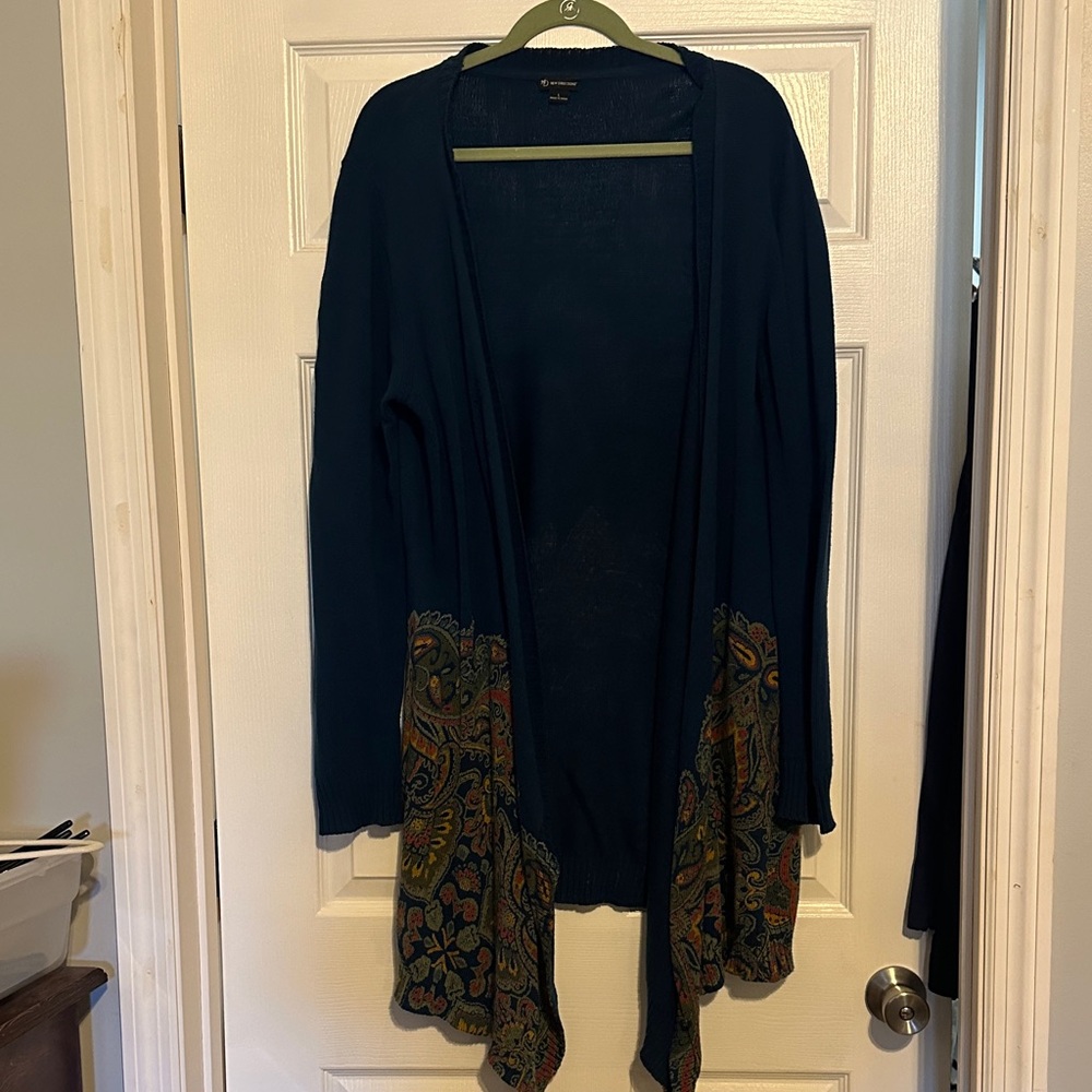 New Directions Dark Blue Cardigan with Paisley Accents